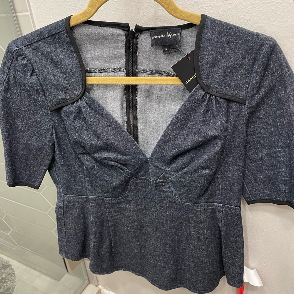 Nanette Lepore designer dark indigo denim top.